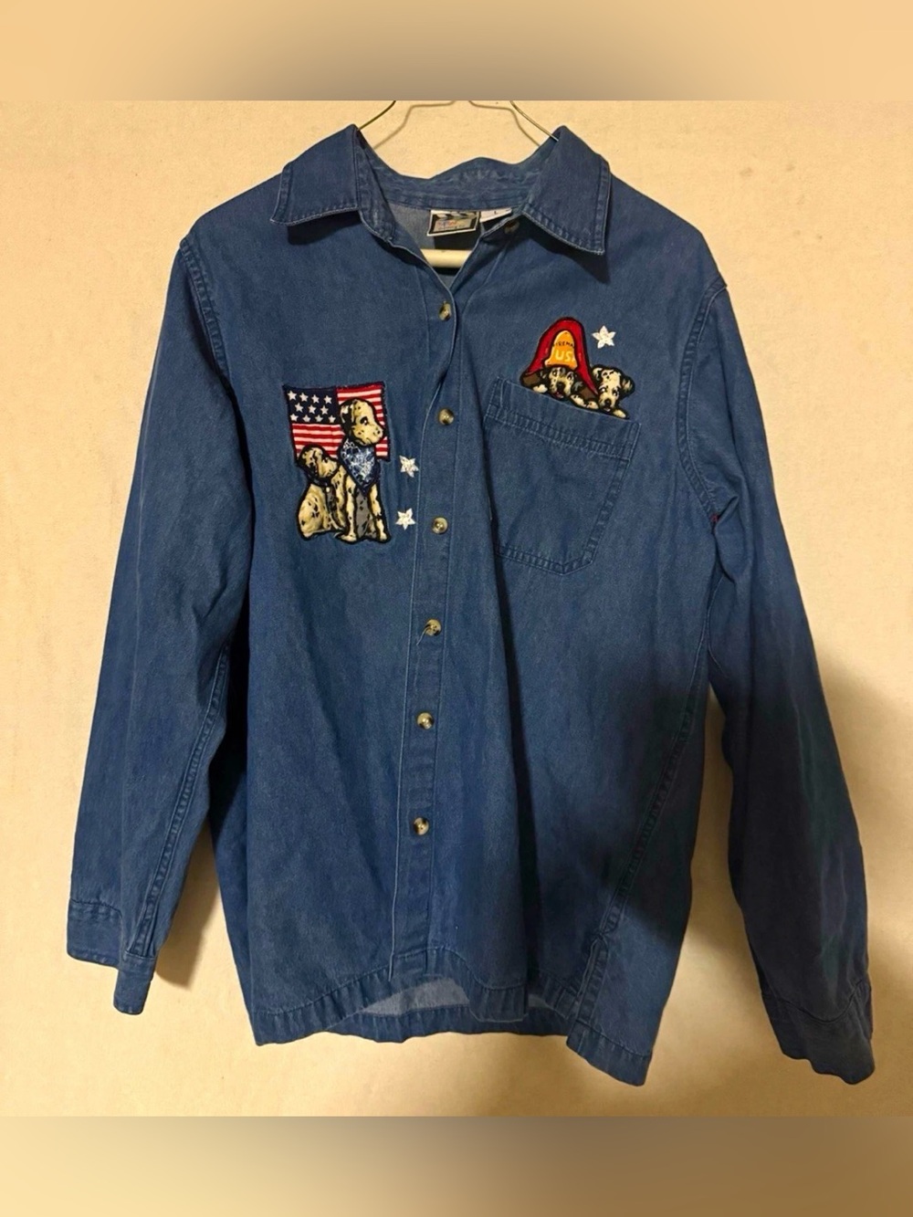 Take two Denim shirt. Patriotic firefighter Puppy Patches size L. 100% cotton